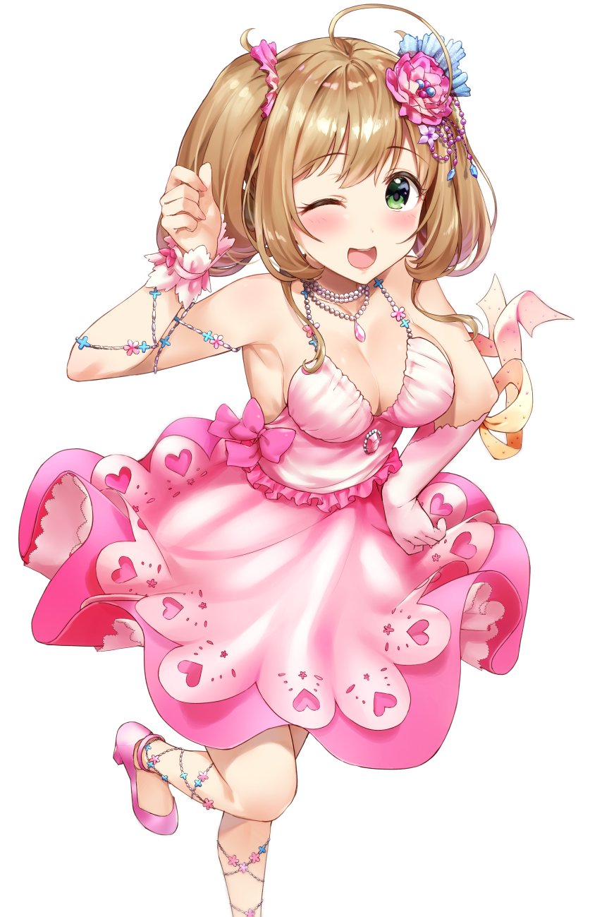 ;d ahoge blush breasts brown_hair bvucki36gzoeq1c cleavage collarbone eyebrows_visible_through_hair green_eyes heart highres idolmaster idolmaster_cinderella_girls jewelry large_breasts looking_at_viewer necklace one_eye_closed open_mouth satou_shin short_hair short_twintails smile solo twintails