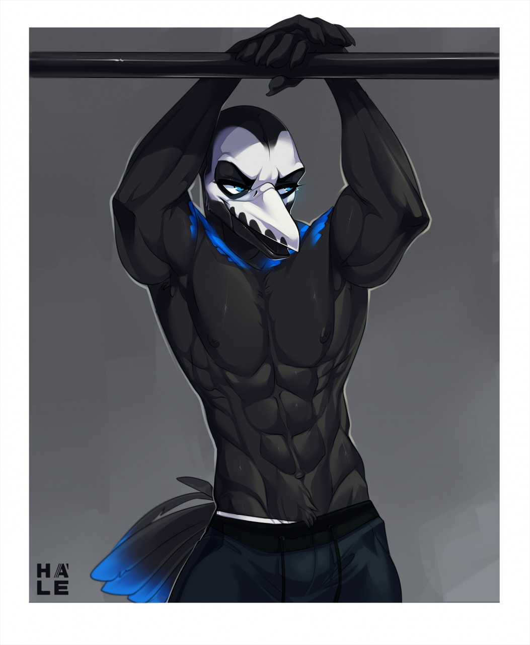 2018 5_fingers abs anthro avian beak biceps bird black_feathers blue_eyes blue_feathers clothed clothing corvid feathers hale. male mammal muscular muscular_male navel nipples open_mouth pants pecs simple_background solo standing topless white_feathers