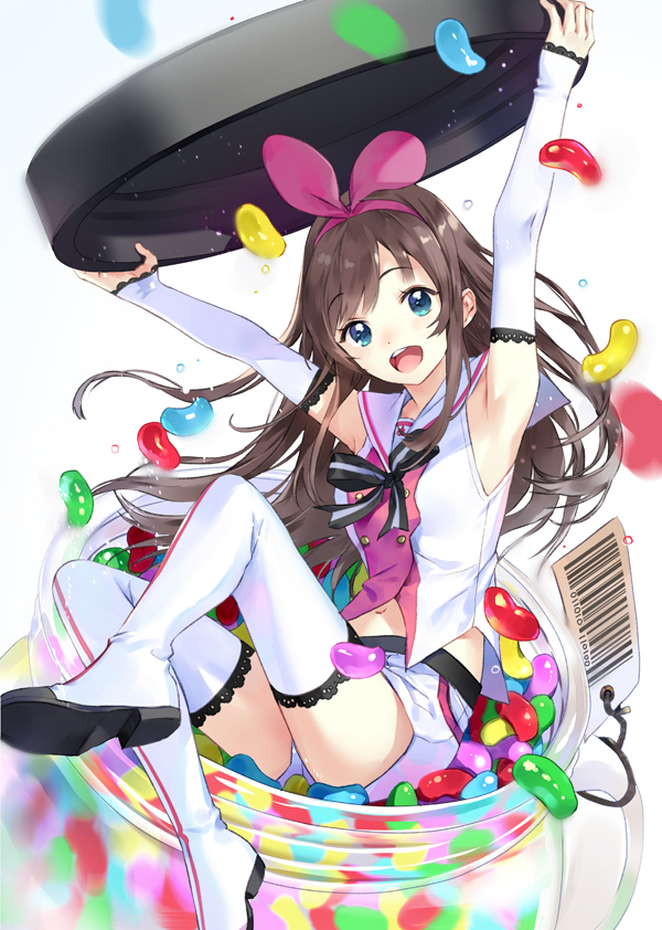 a.i._channel armpits arms_up bangs barcode_tattoo black_ribbon boots brown_hair candy detached_sleeves double-breasted eyebrows_visible_through_hair food hair_ribbon hairband holding jar jelly_bean kizuna_ai long_hair long_sleeves looking_at_viewer macciatto_(aciel02) motion_blur navel pink_hairband pink_ribbon ribbon sailor_collar shirt shorts simple_background sitting sleeves_past_wrists solo tareme tattoo thigh_boots thighhighs very_long_hair virtual_youtuber white_footwear white_hair white_sailor_collar white_shirt white_shorts