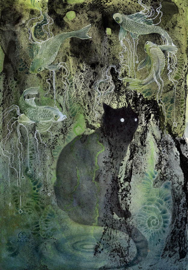 abstract_background ambiguous_gender black_fur cat detailed_background feline feral fish fur ghost glowing glowing_eyes goldfish green_theme group looking_back mammal marine ripples shadow_creature spirit stephanie_law surreal swimming water white_eyes