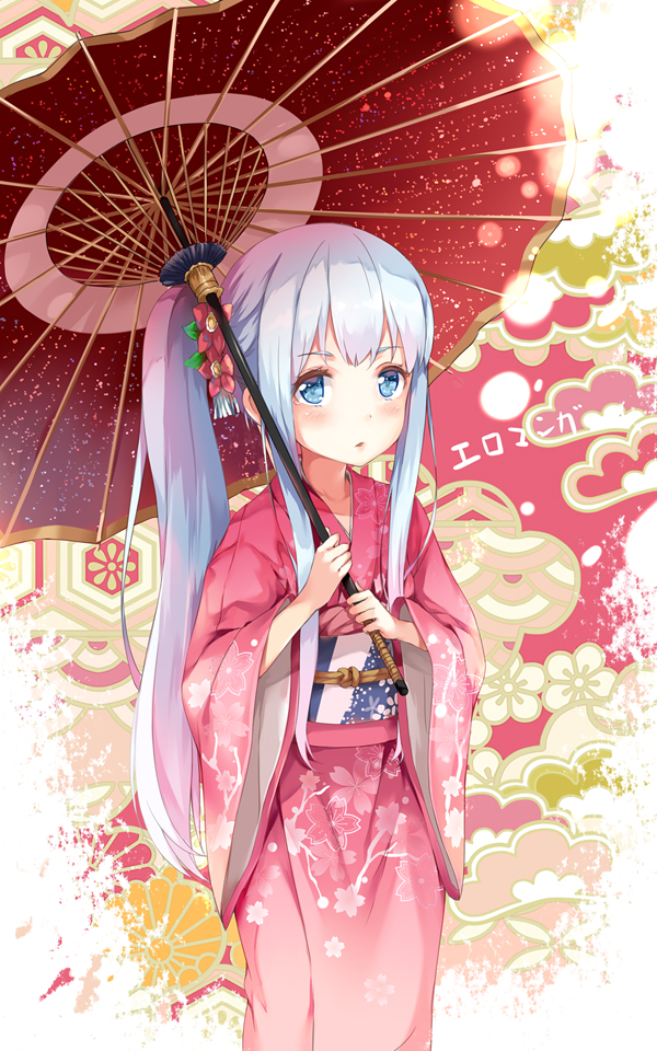 blue_eyes blush collarbone eromanga_sensei holding holding_umbrella izumi_sagiri japanese_clothes kimono long_hair looking_at_viewer noodle-y obi oriental_umbrella parted_lips pink_kimono red_umbrella sash side_ponytail silver_hair solo standing umbrella very_long_hair yukata