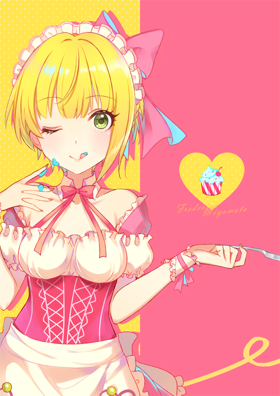 apron asymmetrical_hair bangs bare_shoulders blonde_hair blush bow breasts character_name collarbone commentary_request cupcake detached_collar dress eyebrows_visible_through_hair food fork frills green_eyes haikimono_shounen hair_bow headdress heart icing idolmaster idolmaster_cinderella_girls licking_lips looking_at_viewer medium_breasts miyamoto_frederica neck_ribbon one_eye_closed pink_background pink_dress ribbon short_hair simple_background smile solo tongue tongue_out underbust wrist_cuffs yellow_background