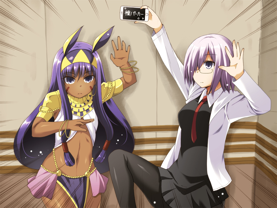 :d black_dress black_legwear cellphone commentary_request dark_skin dress fate/grand_order fate_(series) glasses hair_over_one_eye hairband holding hooded_coat lavender_hair long_hair looking_at_viewer mash_kyrielight multiple_girls navel necktie nitocris_(fate/grand_order) open_mouth pantyhose phone pose purple_hair seiyuu_connection short_hair silver_eyes smartphone smile standing standing_on_one_leg takahashi_rie tanaka_minami_(seiyuu) translation_request utsurogi_angu
