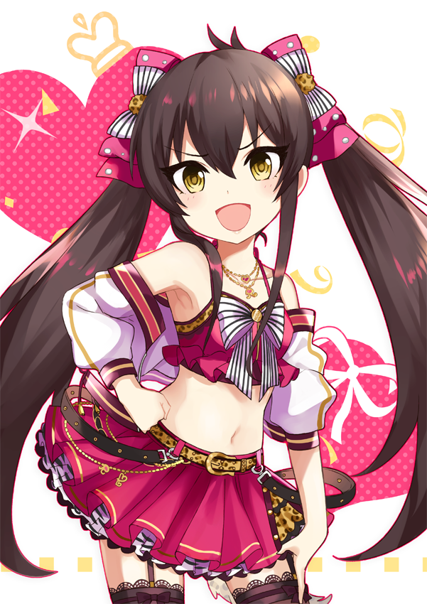:d bangs bare_shoulders belt black_hair blush bow chain collarbone commentary_request crop_top eyelashes garter_straps haikimono_shounen hair_between_eyes hair_bow hand_on_hip hand_on_thigh heart idolmaster idolmaster_cinderella_girls idolmaster_cinderella_girls_starlight_stage jacket jewelry lace lace-trimmed_thighhighs long_hair looking_at_viewer matoba_risa midriff navel necklace off_shoulder open_clothes open_jacket open_mouth pink_skirt sidelocks skirt smile solo thighhighs thighs twintails v-shaped_eyebrows white_jacket yellow_eyes