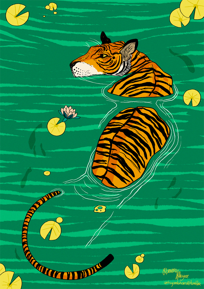 2013 ambient_fish ambiguous_gender black_markings black_stripes detailed_background feline feral fish fur lily_pad looking_back mammal marine markings orange_fur outside partially_submerged plant reimena solo stripes tiger water waterlily white_markings yellow_eyes