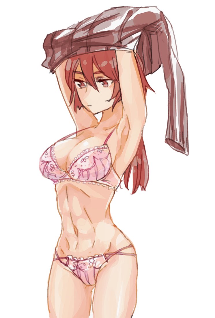 abs bra fire_emblem fire_emblem:_monshou_no_nazo gloves headband minerva_(fire_emblem) muscle muscular_female navel panties pink_panties red_eyes red_hair short_hair solo strap_gap tnmrdgr underwear undressing white_background