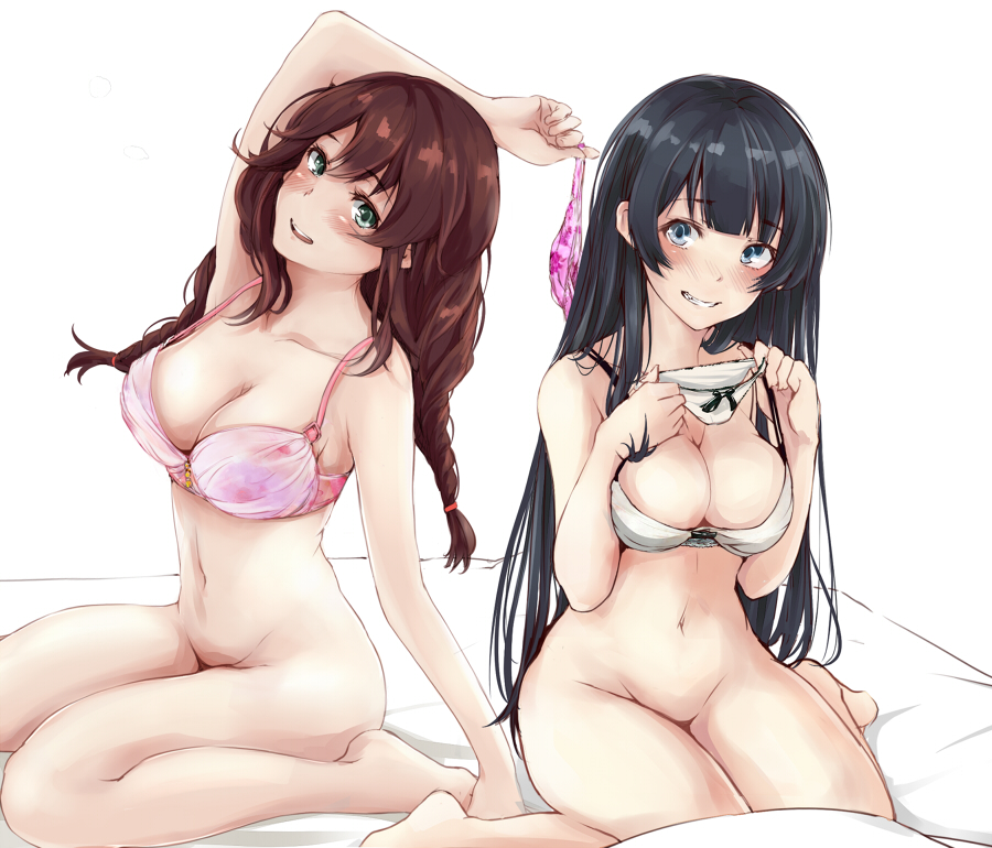 agano_(kantai_collection) arm_up bangs bed_sheet black_hair blanket blue_eyes blunt_bangs blush bottomless bow bow_panties bra braid breasts brown_hair cleavage collarbone eyebrows_visible_through_hair green_eyes grin holding holding_panties kantai_collection kneeling large_breasts long_hair looking_at_viewer multiple_girls navel noshiro_(kantai_collection) on_bed open_mouth panties pillow pink_panties rizzl signature simple_background sitting smile strap_gap teeth twin_braids underwear underwear_only wariza weight_conscious white_background white_bra white_panties