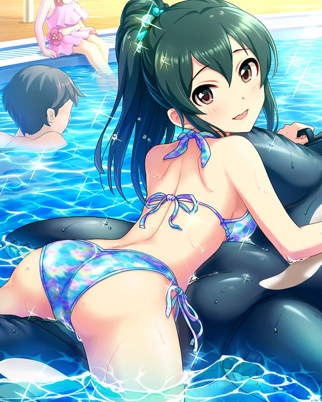 2girls annindoufu_(oicon) ass bikini blue_bikini brown_eyes from_behind green_hair idolmaster idolmaster_cinderella_girls inflatable_toy long_hair looking_back lying multiple_girls official_art on_stomach ooishi_izumi ponytail riding side-tie_bikini solo_focus swimsuit water wet wet_clothes wet_swimsuit