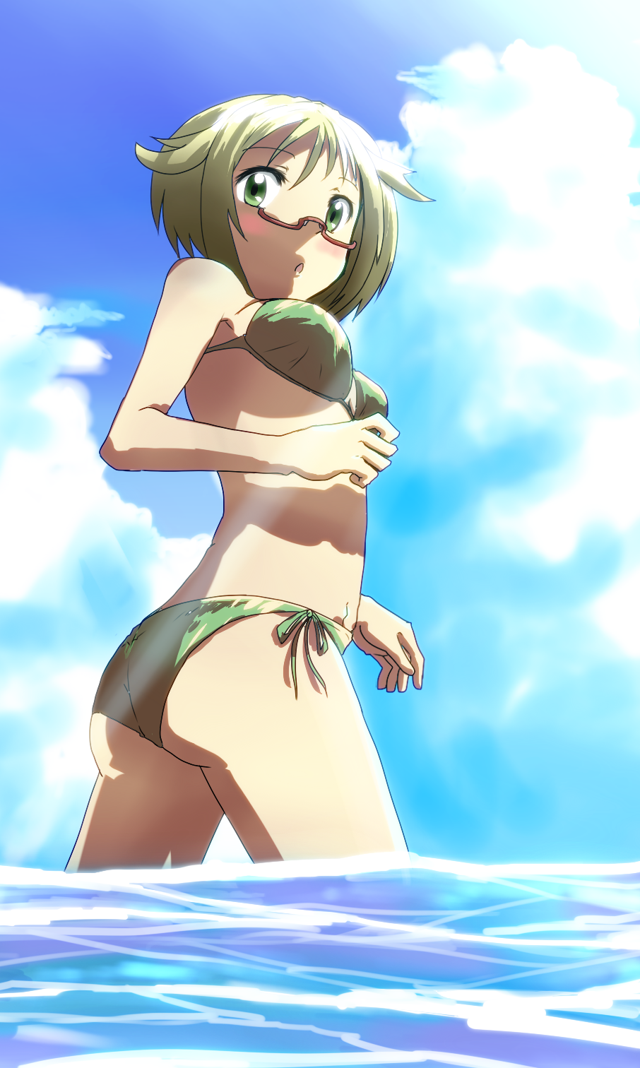 1girl ass bel_(pokemon) bikini blonde_hair blue_sky blush breasts cloud day eyebrows_visible_through_hair female from_side glasses green_bikini hand_up highres looking_at_viewer medium_breasts naga_(naga54321) open_mouth outdoors partially_submerged pokemon pokemon_(game) pokemon_bw2 red-framed_eyewear short_hair side-tie_bikini sky solo swimsuit wading water