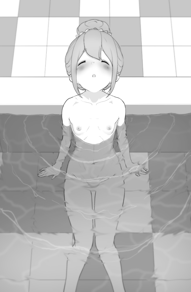 :o bathing breasts closed_eyes collarbone greyscale hair_ornament hair_scrunchie highres kodzuka_yasushi monochrome navel nipples nude onsen open_mouth partially_submerged scrunchie shima_rin sitting small_breasts solo tile_floor tiles water yurucamp