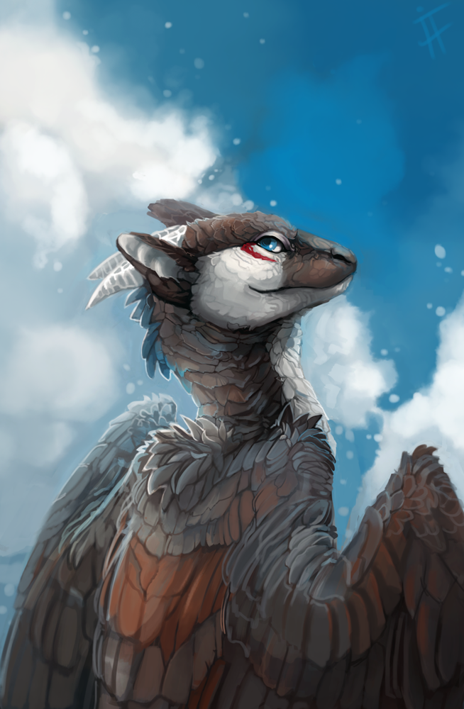 2012 alradeck black_feathers blue_eyes day detailed_background digital_media_(artwork) dragon feathered_dragon feathered_wings feathers grey_feathers horn outside sky wings