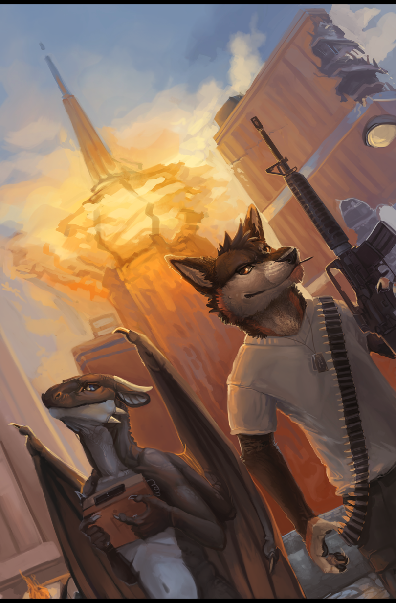 2012 alradeck anthro ar-15 black_bars brown_eyes brown_fur brown_hair canine clothed clothing coyote day detailed_background digital_media_(artwork) dragon duo fur gun hair holding_object holding_weapon mammal membranous_wings nude outside ranged_weapon smile standing weapon wings
