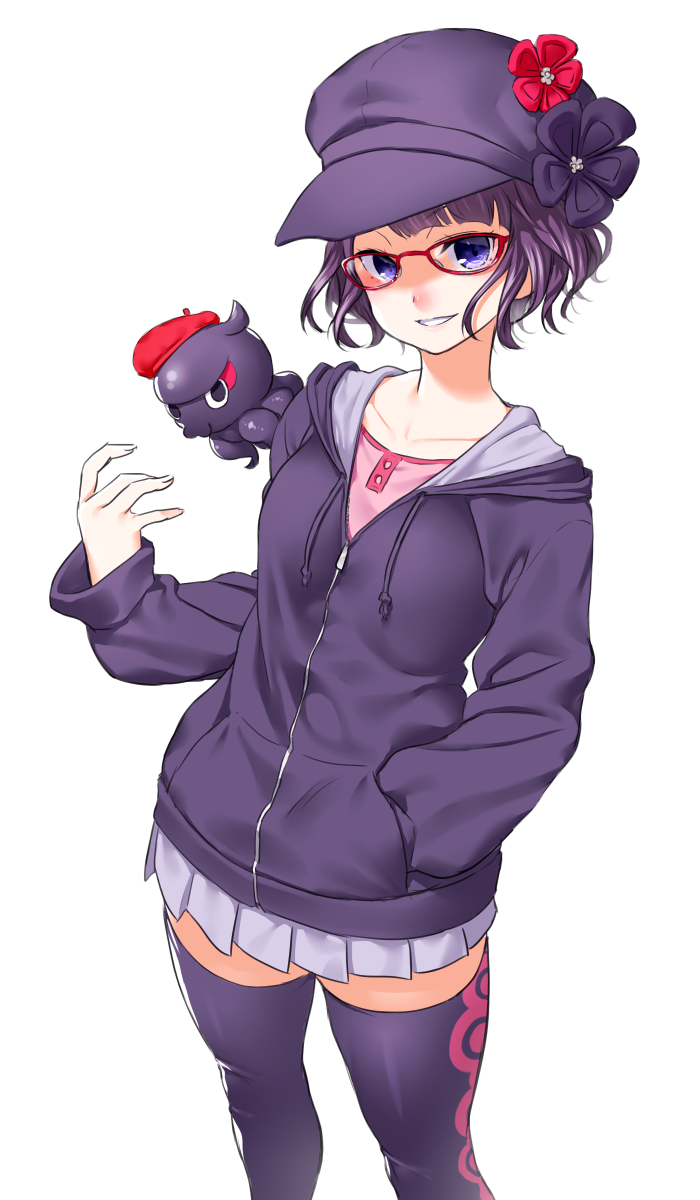 beret bespectacled blush cabbie_hat commentary_request fate/grand_order fate_(series) glasses hand_in_pocket hat highres hood hoodie katsushika_hokusai_(fate/grand_order) looking_at_viewer octopus onsoku_maru pleated_skirt purple_eyes purple_hat purple_hoodie purple_legwear red-framed_eyewear red_hat short_hair simple_background skirt smile thighhighs tokitarou_(fate/grand_order) white_background zettai_ryouiki