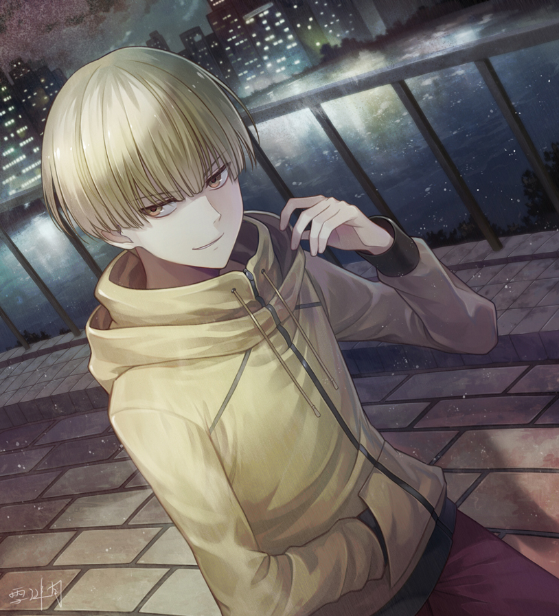 angel31424 blonde_hair bowl_cut brick_road brown_eyes city dutch_angle enokida_(hakata_tonkotsu_ramens) hakata_tonkotsu_ramens hand_in_pocket hand_up hood hood_down hoodie looking_at_viewer male_focus outdoors railing river signature smirk solo