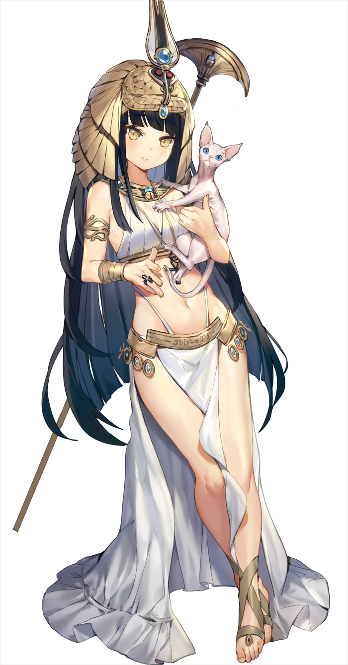 armlet barefoot black_hair blue_eyes brown_eyes cat full_body gem groin headpiece highres holding holding_cat invisible_wall jewelry leaning_to_the_side light_smile long_hair looking_at_viewer navel nefertiti_(qurare) qurare_magic_library ring solo sphynx_(cat) staff standing very_long_hair white_cat whoisshe