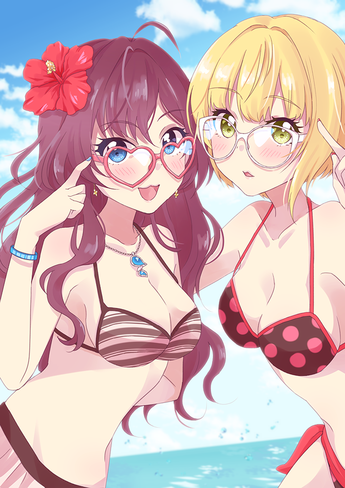 :3 :d ahoge bangs beach bikini blonde_hair blue_eyes blue_nails blush breasts brown_hair cleavage cloud collarbone day earrings eyelashes flower green_eyes hair_flower hair_ornament halterneck heart heart-shaped_eyewear hibiscus ichinose_shiki idolmaster idolmaster_cinderella_girls jewelry lazy_lazy_(idolmaster) long_hair looking_at_viewer medium_breasts miyamoto_frederica multiple_girls nail_polish naju_soreiyu necklace ocean open_mouth outdoors polka_dot polka_dot_bikini red-framed_eyewear red_nails short_hair sky smile striped striped_bikini striped_swimsuit swimsuit wavy_hair white-framed_eyewear