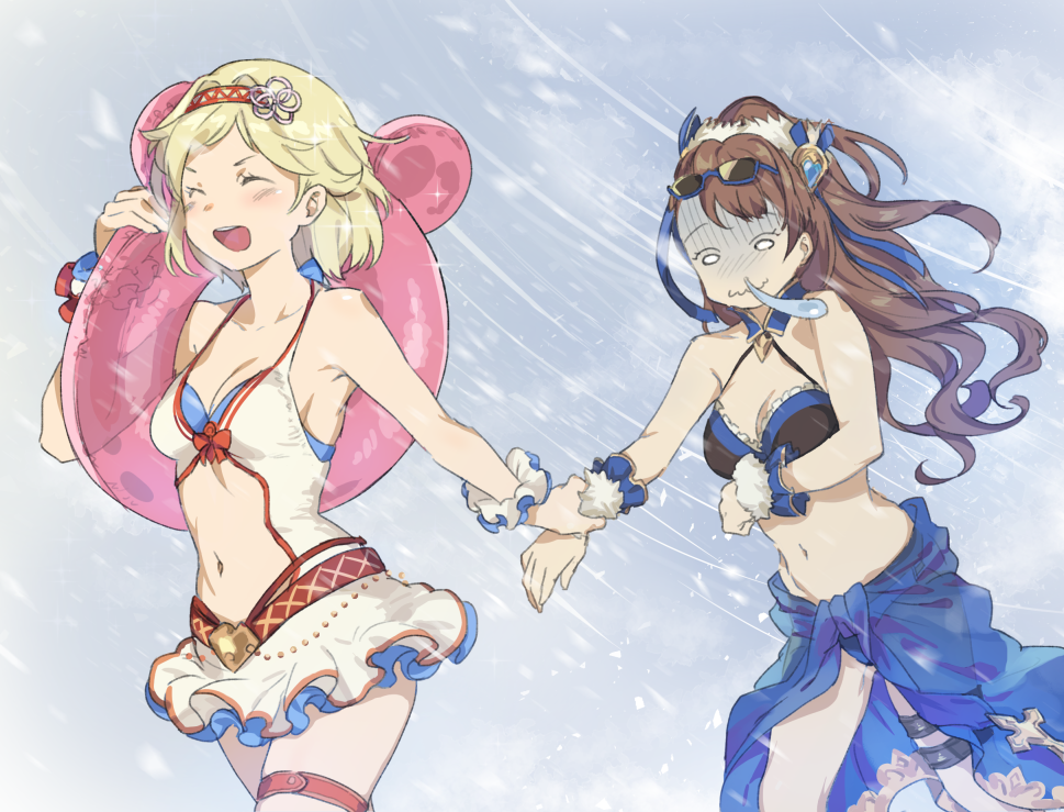 2girls :d ^_^ ^o^ armpits bangs bare_arms bare_shoulders beatrix_(granblue_fantasy) bikini black_bikini_top blonde_hair blue-framed_eyewear blue_bikini_bottom blush bow breasts brown_hair carrying casual_one-piece_swimsuit cleavage closed_eyes cold collarbone djeeta_(granblue_fantasy) eyewear_on_head floating_hair granblue_fantasy hairband halter_top halterneck innertube long_hair medium_breasts mismatched_bikini multiple_girls navel navel_cutout one-piece_swimsuit open_mouth outdoors red_bow red_hairband sarong see-through semi-rimless_eyewear short_hair smile snot snowing snowstorm stomach sunao_(souis) sunglasses swimsuit thigh_strap transparent turn_pale under-rim_eyewear upper_teeth v-shaped_eyebrows walking wavy_mouth white_swimsuit wind winter wrist_cuffs wrist_grab