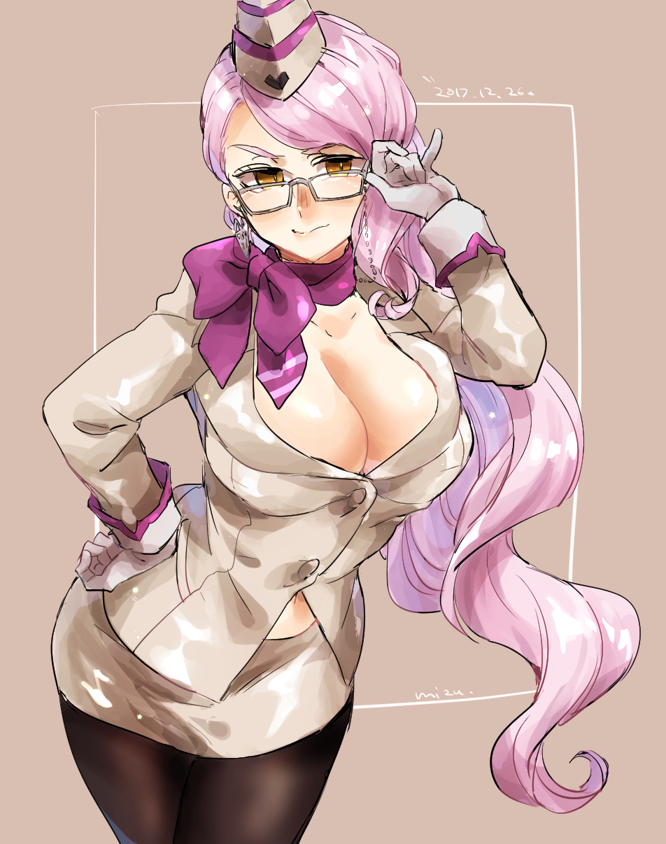 breasts choker commentary_request cowboy_shot earrings fate/grand_order fate_(series) formal glasses gloves hand_on_hip hat highres jewelry koyanskaya large_breasts long_hair looking_at_viewer mei_dou pantyhose pink_hair ribbon ribbon_choker smile solo very_long_hair white_gloves yellow_eyes