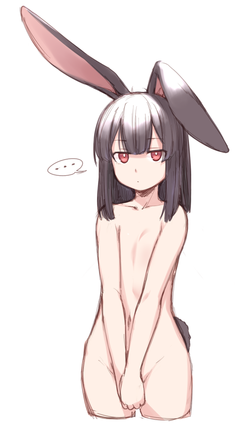 1girl animal_ears bangs blunt_bangs brown_eyes brown_hair bunny_ears bunny_girl bunny_tail closed_mouth collarbone commentary_request covering covering_breasts covering_crotch cropped_legs eyebrows_visible_through_hair looking_at_viewer navel nude original simple_background sketch solo spoken_ellipsis standing tail tsukune_(yagi) v_arms white_background yagi_(ningen)