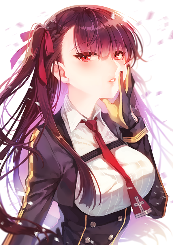 bangs black_gloves black_jacket black_skirt blunt_bangs blush breasts collared_shirt cropped_jacket double-breasted eyebrows_visible_through_hair girls_frontline gloves hair_ribbon hand_on_own_face hand_up high-waist_skirt jacket lips long_hair long_sleeves looking_at_viewer manle medium_breasts motion_blur necktie one_side_up open_clothes open_jacket parted_lips purple_hair red_eyes red_neckwear red_ribbon ribbon seductive_smile shiny shiny_hair shirt skirt smile solo tsurime underbust upper_body very_long_hair wa2000_(girls_frontline) white_shirt wing_collar