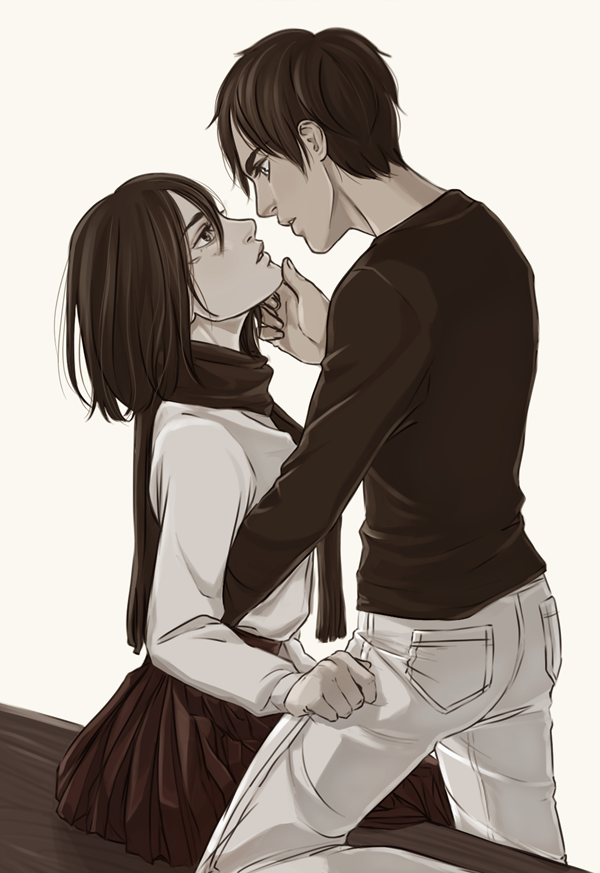 1girl breasts chin_hold clothes_grab couple eren_yeager eye_contact eyelashes hand_on_another's_back hand_on_another's_thigh hetero imminent_kiss lolakasa long_sleeves looking_at_another looking_down looking_up medium_breasts mikasa_ackerman monochrome one_knee pants parted_lips red_skirt scarf shingeki_no_kyojin shirt short_hair simple_background sitting skirt source_request standing standing_on_one_leg white_background