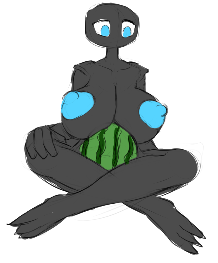 areola big_areola big_breasts blue_nipples breasts enderman endie female food fruit huge_breasts humanoid interspecies melon minecraft monster mykiio nipples not_furry video_games watermelon