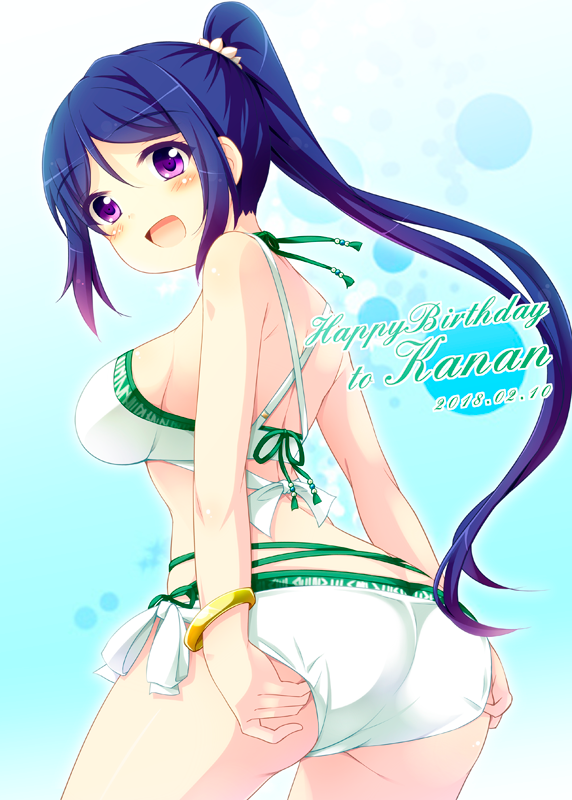 adjusting_clothes adjusting_swimsuit ass bikini blue_background blue_hair bracelet character_name commentary_request cowboy_shot dated from_behind green_bikini happy_birthday head_tilt jewelry layered_bikini long_hair looking_back love_live! love_live!_sunshine!! matsuura_kanan ponytail purple_eyes solo standing swimsuit tekehiro white_bikini