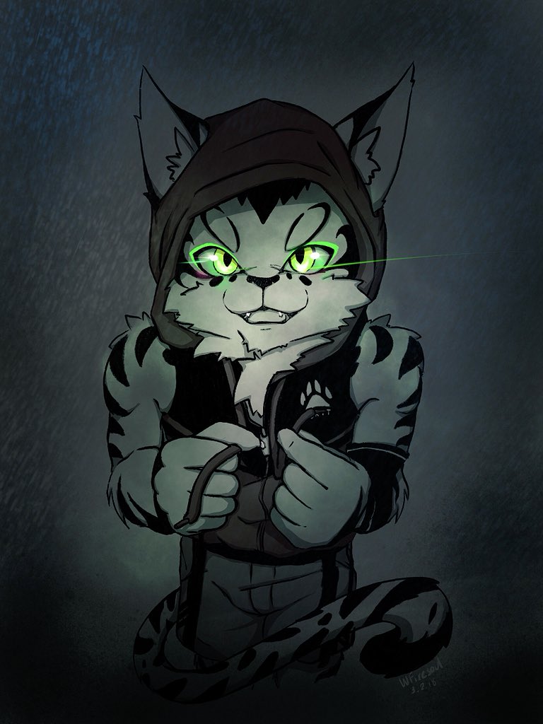 2018 anthro cat clothing feline green_eyes hoodie mammal monochrome nekojishi open_mouth shu-chi signature