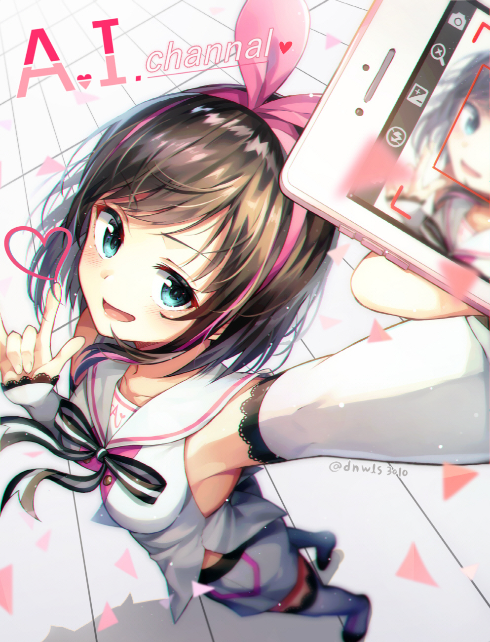 :d a.i._channel alternate_hair_length alternate_hairstyle armpits bangs black_ribbon blurry blush boots breasts cellphone cellphone_picture chromatic_aberration depth_of_field detached_sleeves hair_ribbon hairband heart highres holding holding_phone huwali_(dnwls3010) index_finger_raised kizuna_ai long_sleeves medium_breasts open_mouth outstretched_arm perspective phone pink_hairband pink_ribbon ribbon sailor_collar self_shot shirt short_hair shorts sleeves_past_wrists smartphone smartphone_case smile solo standing swept_bangs taking_picture thigh_boots thighhighs triangle typo v-shaped_eyebrows viewfinder virtual_youtuber white_footwear white_sailor_collar white_shirt white_shorts