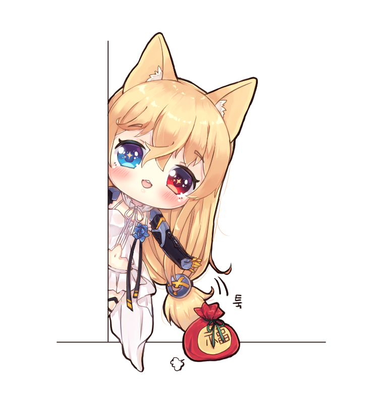 1girl :3 :d angpao animal_ear_fluff animal_ears babydoll bangs black_gloves blonde_hair blue_eyes blue_flower blue_rose blush cat_ears chibi detached_collar eyebrows_visible_through_hair flower foreign_blue g41_(girls_frontline) girls_frontline gloves hair_between_eyes hair_ornament heterochromia leaning_to_the_side long_hair low-tied_long_hair miniskirt navel open_mouth pleated_skirt pouch red_eyes rose skirt smile solo translation_request upper_teeth very_long_hair white_babydoll white_background white_collar white_skirt