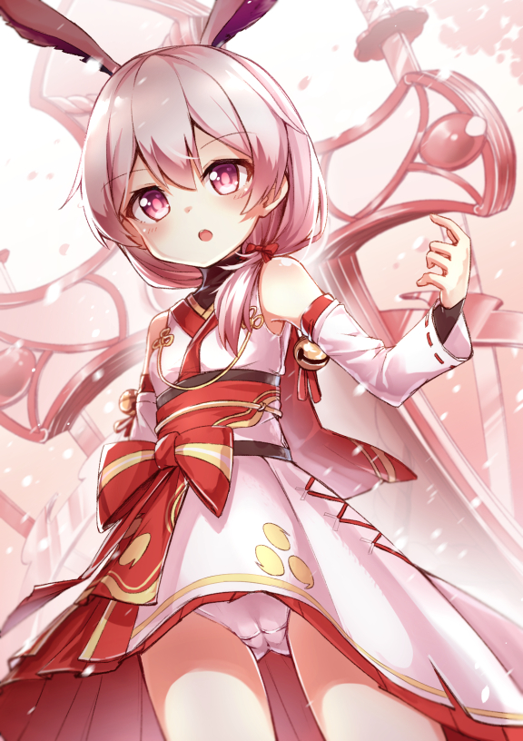 :o animal_ears bangs bare_shoulders bell benghuai_xueyuan blush bunny_ears cameltoe commentary_request darnell detached_sleeves eyebrows_visible_through_hair hair_between_eyes honkai_impact huge_weapon japanese_clothes jingle_bell kimono long_hair long_sleeves looking_at_viewer panties parted_lips pink_eyes purple_eyes ribbon-trimmed_sleeves ribbon_trim short_kimono skirt sleeveless sleeveless_kimono solo theresa_apocalypse underwear upper_teeth weapon white_kimono white_panties white_skirt