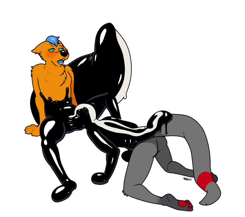 2017 4_toes anthro black_nose blackshirtboy blue_hair blue_tongue blush butt canine digital_drawing_(artwork) digital_media_(artwork) duo dustyfoxy feet fox fur goo_transformation green_eyes grey_fur hair hypnosis jazzotter liquid_latex male male/male mammal mind_control multicolored_fur multicolored_tail mustelid nude open_mouth oral orange_fur otter pawpads paws red_fur red_pawpads rubber sex shiny simple_background spiral spiral_eyes striped_tail stripes toes tongue transformation two_tone_fur white_background