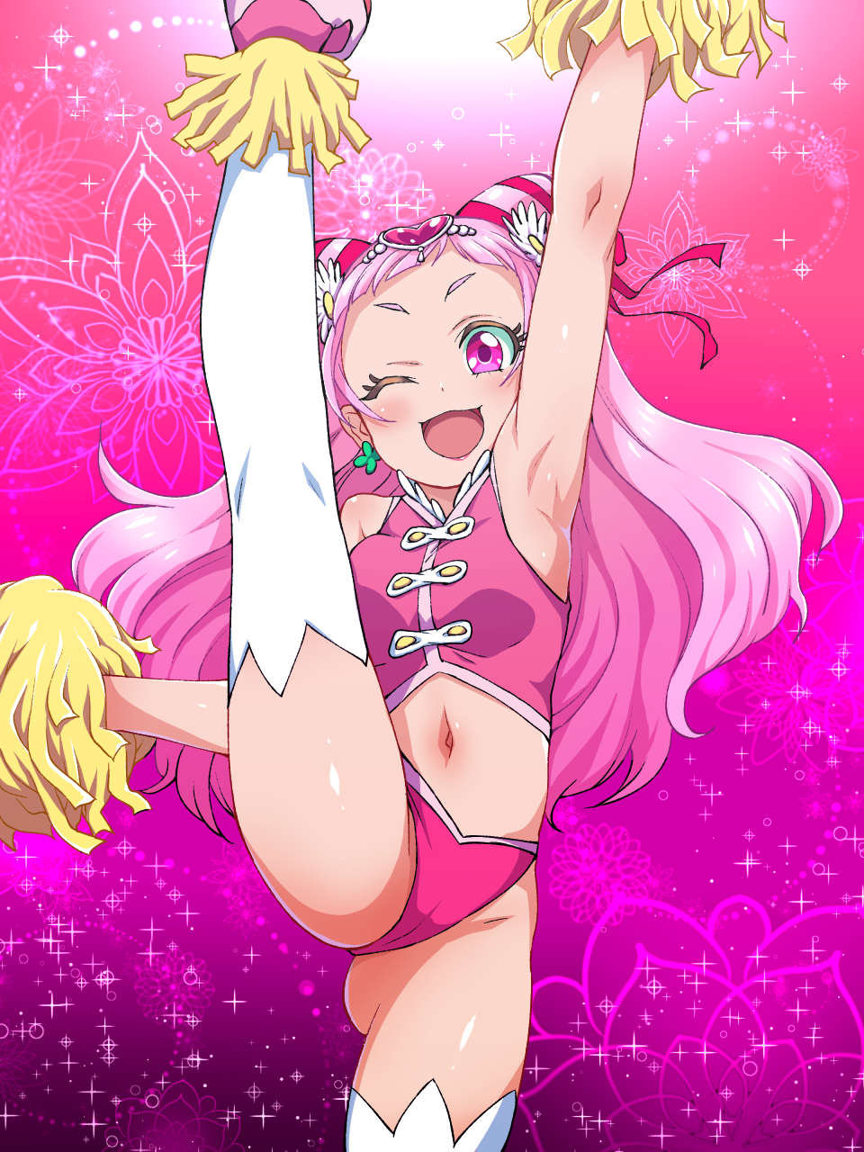 ;d arm_up armpits ass_visible_through_thighs blush breasts cameltoe cheerleader cure_yell double_bun earrings floral_background flower forehead four-leaf_clover_earrings gem gradient gradient_background hair_flower hair_ornament heart heart_hair_ornament highres holding hugtto!_precure jewelry konboi-eg leg_up looking_at_viewer navel nono_hana one_eye_closed open_mouth panties pink_background pink_eyes pink_footwear pink_hair pink_panties pom_poms precure shiny shiny_skin sleeveless small_breasts smile solo split standing standing_on_one_leg standing_split thighhighs underwear white_flower white_legwear