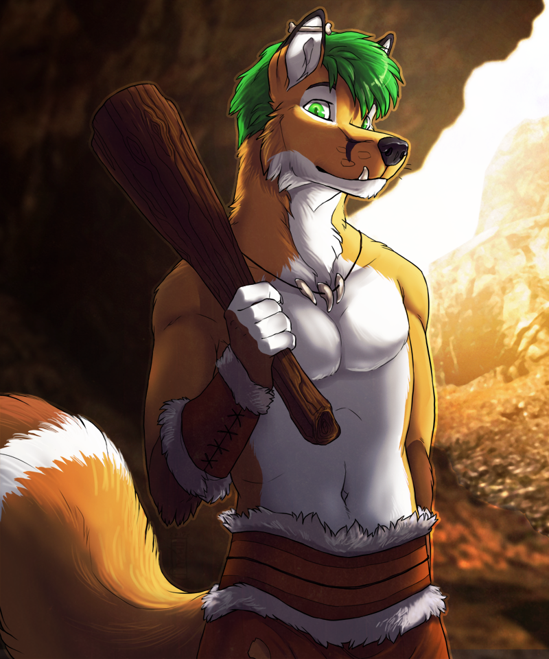 2018 5_finger 5_fingers anthro black_nose canine clothed clothing detailed_background digital_media_(artwork) fuckie fur green_eyes green_hair hair male mammal solo tan_fur topless