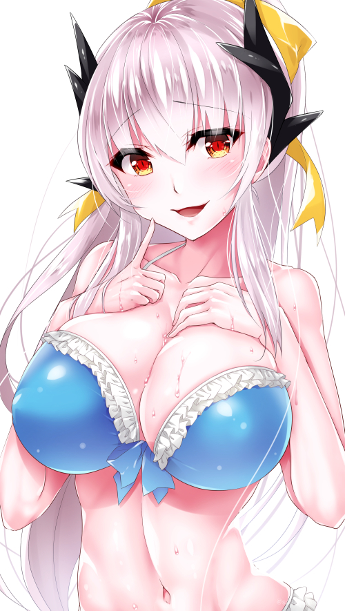 bangs bare_shoulders bikini blue_bikini blue_bow blush bow breasts cleavage collarbone eyebrows_visible_through_hair eyelashes fate/grand_order fate_(series) frilled_bikini frills front-tie_bikini front-tie_top hair_bow hands_on_own_chest horns index_finger_raised kiyohime_(fate/grand_order) kiyohime_(swimsuit_lancer)_(fate) large_breasts long_hair looking_at_viewer navel sasakuma_kyouta shiny shiny_clothes shiny_hair silver_hair simple_background solo stomach straight_hair sweat swimsuit upper_body white_background yellow_bow