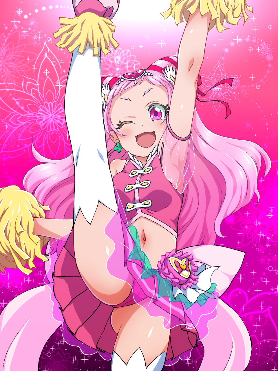 ;d arm_up armpits ass_visible_through_thighs back_bow blush bow breasts cameltoe cheerleader cure_yell double_bun earrings floral_background flower forehead four-leaf_clover_earrings gem gradient gradient_background hair_flower hair_ornament heart heart_hair_ornament highres holding hugtto!_precure jewelry konboi-eg leg_up looking_at_viewer midriff navel nono_hana one_eye_closed open_mouth panties pink_background pink_eyes pink_footwear pink_hair pink_panties pink_skirt pleated_skirt pom_poms precure see-through shiny shiny_skin short_sleeves skirt small_breasts smile solo split standing standing_on_one_leg standing_split thighhighs underwear upskirt white_flower white_legwear