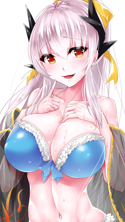 bangs bare_shoulders bikini blue_bikini blue_bow blush bow breasts cleavage collarbone eyebrows_visible_through_hair eyelashes fate/grand_order fate_(series) frilled_bikini frills front-tie_bikini front-tie_top hair_bow hands_on_own_chest horns index_finger_raised kiyohime_(fate/grand_order) kiyohime_(swimsuit_lancer)_(fate) large_breasts long_hair looking_at_viewer navel sasakuma_kyouta see-through shawl shiny shiny_clothes shiny_hair silver_hair simple_background solo stomach straight_hair sweat swimsuit upper_body white_background yellow_bow
