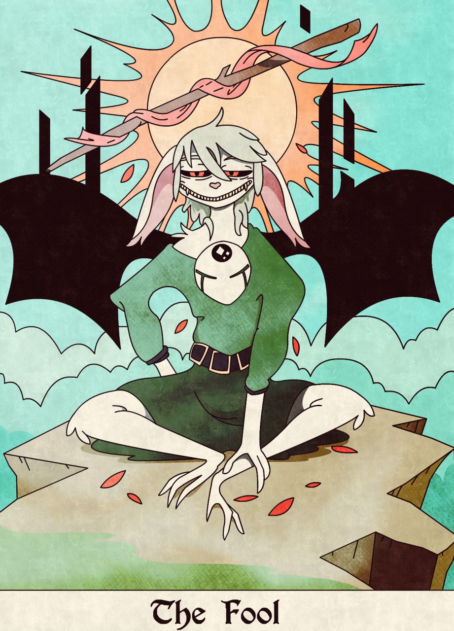 2018 anthro bat card clothed clothing digital_media_(artwork) fortune_telling hair hi_res mammal mask shane_frost simple_background sitting smile solo sun tarot tarot_card teeth white_hair