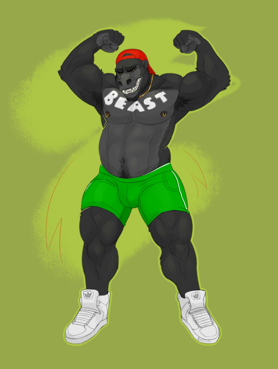 anthro ape backward_cap bare_chest beard biceps big_muscles biped body_writing boxer_briefs bulge clothing facial_hair feet fist flexing footwear gorilla grin hair_underwear half_naked hat jewelry kingsley mammal musclegut muscular necklace nipple_piercing nipples pecs piercing pig_(artist) primate quads raised_arm shoes smile snarling snout tattoo teeth text thick_thighs underwear white_shoes white_text