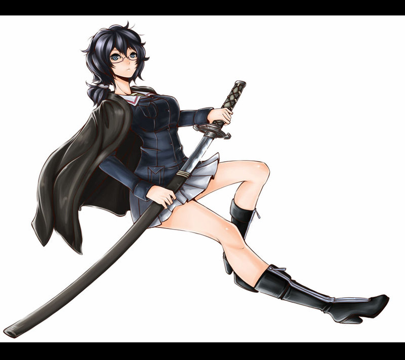 1girl black_eyes black_footwear black_hair blue_jacket boots commentary dutch_angle esg_(essagna) full_body girls_und_panzer glasses haori holding holding_sword holding_weapon jacket japanese_clothes katana letterboxed long_sleeves looking_at_viewer messy_hair military military_uniform miniskirt ooarai_military_uniform oryou_(girls_und_panzer) pleated_skirt semi-rimless_eyewear short_hair short_ponytail simple_background skirt solo standing standing_on_one_leg sword under-rim_eyewear uniform weapon white_background white_skirt zipper