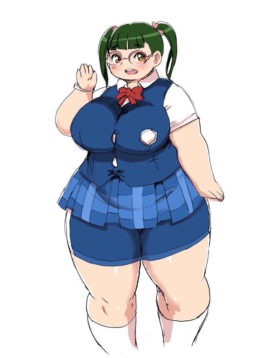 10s 1girl bangs bow breasts brown_eyes fat glasses green_hair hair_ornament huge_breasts layered_clothing looking_at_viewer nikuko_(galko) open_mouth oshiete!_galko-chan over-rim_glasses plaid plaid_skirt pleated_skirt plump school_uniform semi-rimless_glasses short_sleeves short_twintails skirt smile solo standing sweater_vest thick_thighs twintails white_background