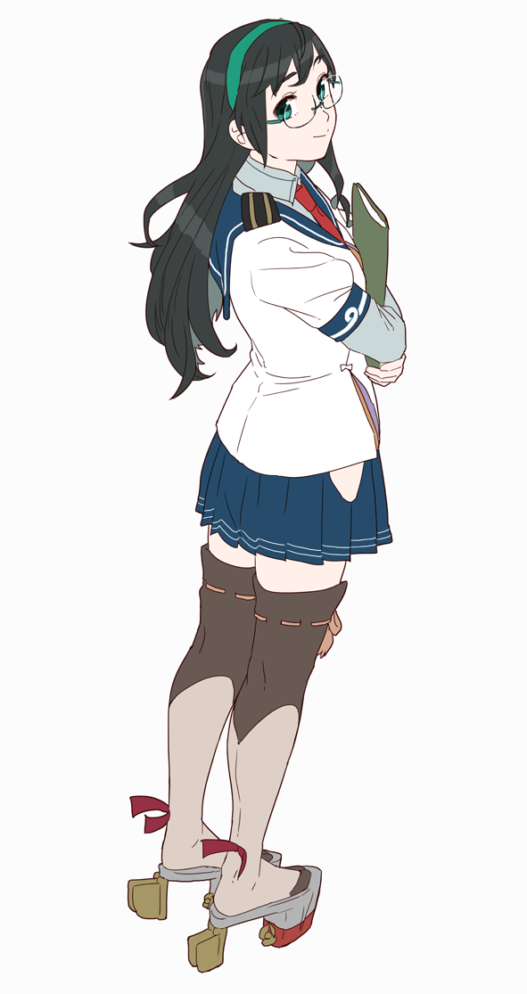 black_hair blue_eyes blue_sailor_collar blue_skirt brown_legwear clipboard full_body glasses hairband hip_vent kantai_collection lace lace-trimmed_thighhighs long_hair looking_at_viewer necktie ojipon ooyodo_(kantai_collection) pleated_skirt red_neckwear sailor_collar school_uniform semi-rimless_eyewear serafuku simple_background skirt smile solo thighhighs under-rim_eyewear white_background