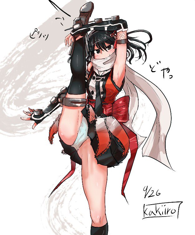 artist_name axe_kick black_hair black_neckwear black_skirt brown_eyes commentary_request dated double-breasted double_bun elbow_gloves feet_out_of_frame fingerless_gloves gloves high_kick kakiiro_(takuya) kantai_collection kicking panties pantyshot remodel_(kantai_collection) scarf school_uniform sendai_(kantai_collection) serafuku single_thighhigh skirt solo standing standing_on_one_leg thighhighs two_side_up underwear white_panties white_scarf