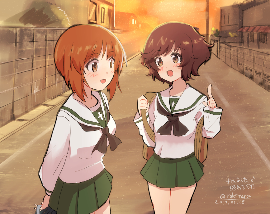akiyama_yukari backpack bag bangs black_neckwear blouse brown_eyes brown_hair carrying commentary dated day eyebrows_visible_through_hair girls_und_panzer green_skirt long_sleeves looking_at_another messy_hair miniskirt multiple_girls neckerchief nishizumi_miho ooarai_school_uniform open_mouth outdoors pleated_skirt pointing pointing_up raki_(kuroe) road school_bag school_uniform serafuku short_hair sketch skirt smile standing street translation_request twitter_username white_blouse