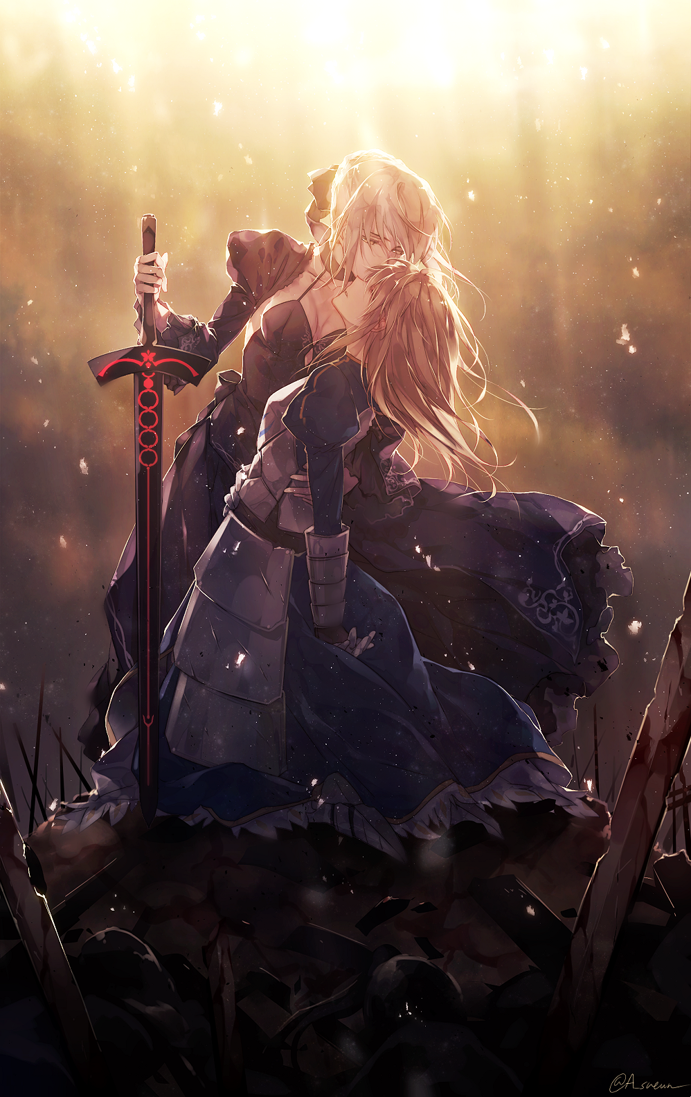 arm_around_waist armor armored_dress artoria_pendragon_(all) black_dress blonde_hair breasts cleavage commentary dark_excalibur dress dual_persona fate/stay_night fate_(series) field_of_blades gauntlets h_sueun hair_down highres holding_person light_particles light_rays medium_breasts multiple_girls saber saber_alter sunbeam sunlight sword weapon zelovel
