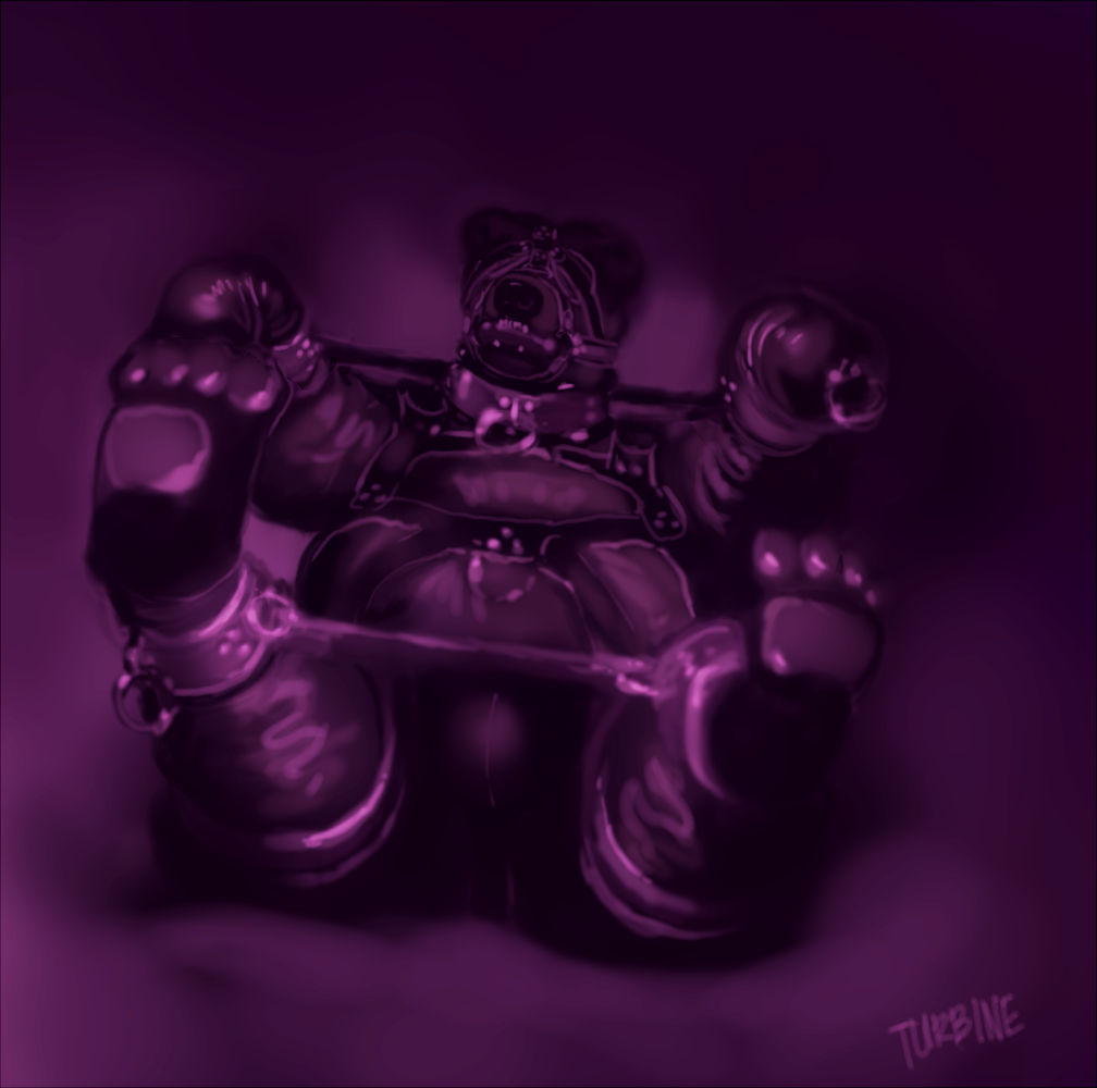 2016 4_toes abstract_background anthro bdsm bear bit_gag black_nose blindfold bondage bound collar digital_drawing_(artwork) digital_media_(artwork) gag gagged harness hindpaw male mammal pawpads paws rubber shiny simple_background solo spread_legs spreader_bar spreading text toes turbinedivinity westhoff