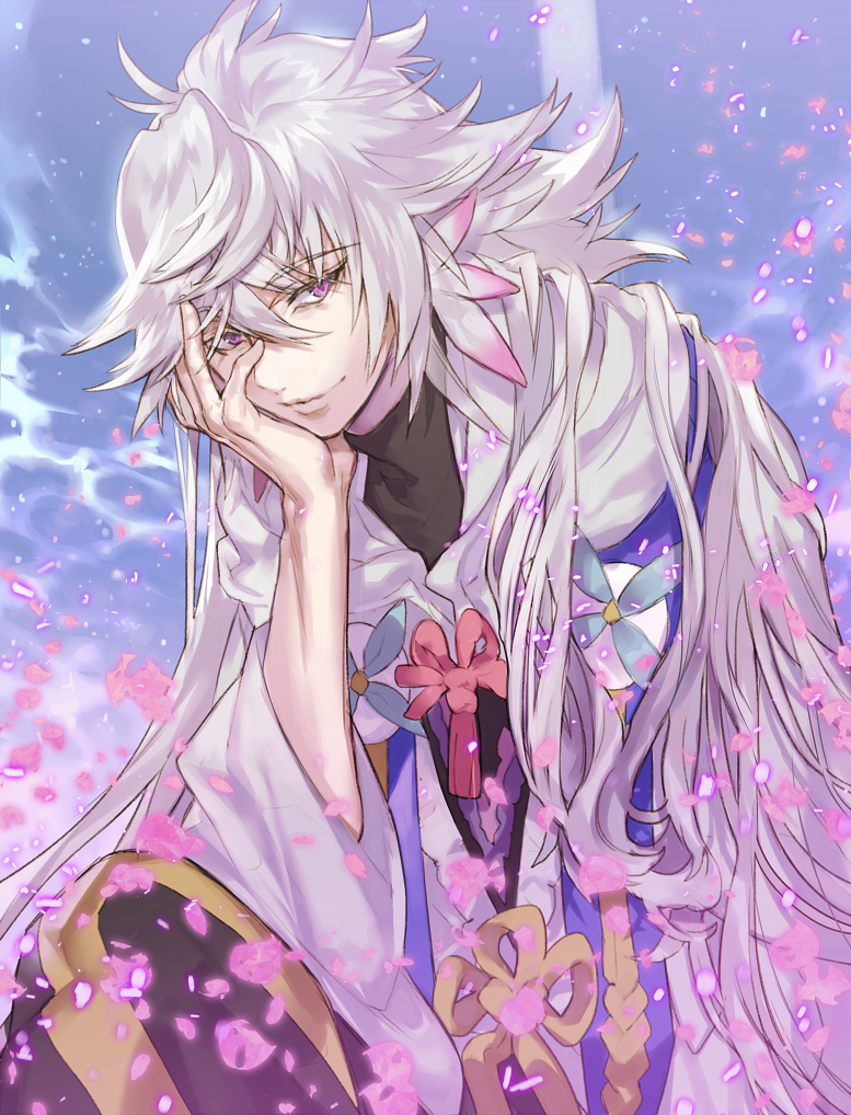 bangs banned_artist capelet day eyebrows_visible_through_hair fate/grand_order fate/stay_night fate_(series) grey_hair hair_between_eyes kissai long_hair looking_at_viewer male_focus merlin_(fate) outdoors petals robe smile solo very_long_hair