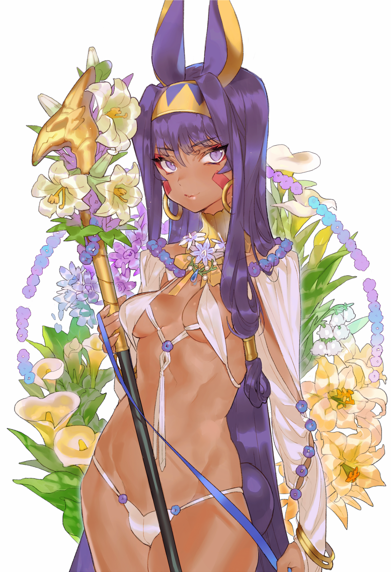 animal_ears banned_artist breasts dark_skin earrings egyptian_clothes facepaint facial_mark fate/grand_order fate_(series) flower hairband hoop_earrings jackal_ears jewelry kissai long_hair medium_breasts nitocris_(fate/grand_order) purple_hair sidelocks staff swimsuit very_long_hair white_swimsuit