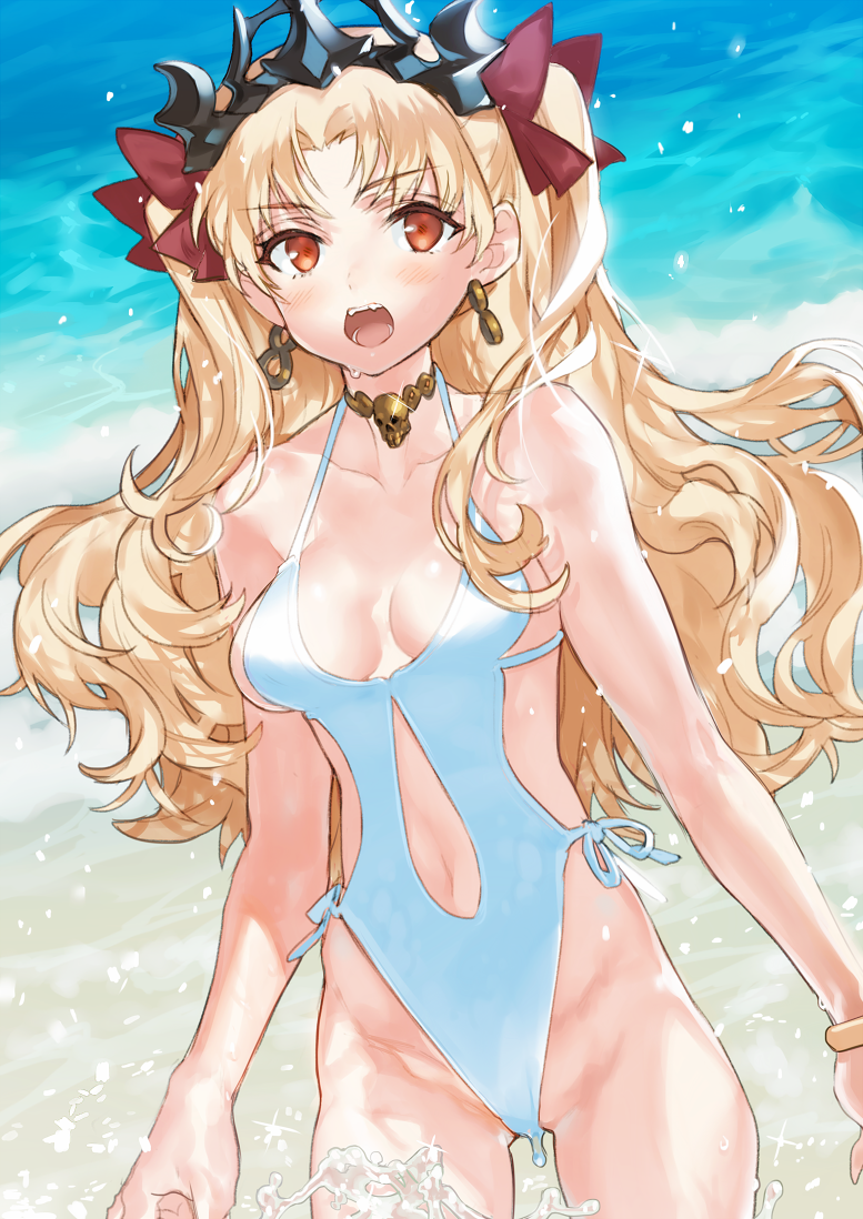 :o bangs banned_artist blonde_hair blush bracelet breasts collarbone commentary_request cowboy_shot crown ereshkigal_(fate/grand_order) eyebrows_visible_through_hair fangs fate/grand_order fate_(series) jewelry kissai long_hair looking_at_viewer medium_breasts navel ocean one-piece_swimsuit open_mouth parted_bangs red_eyes solo swimsuit two_side_up wavy_hair white_swimsuit