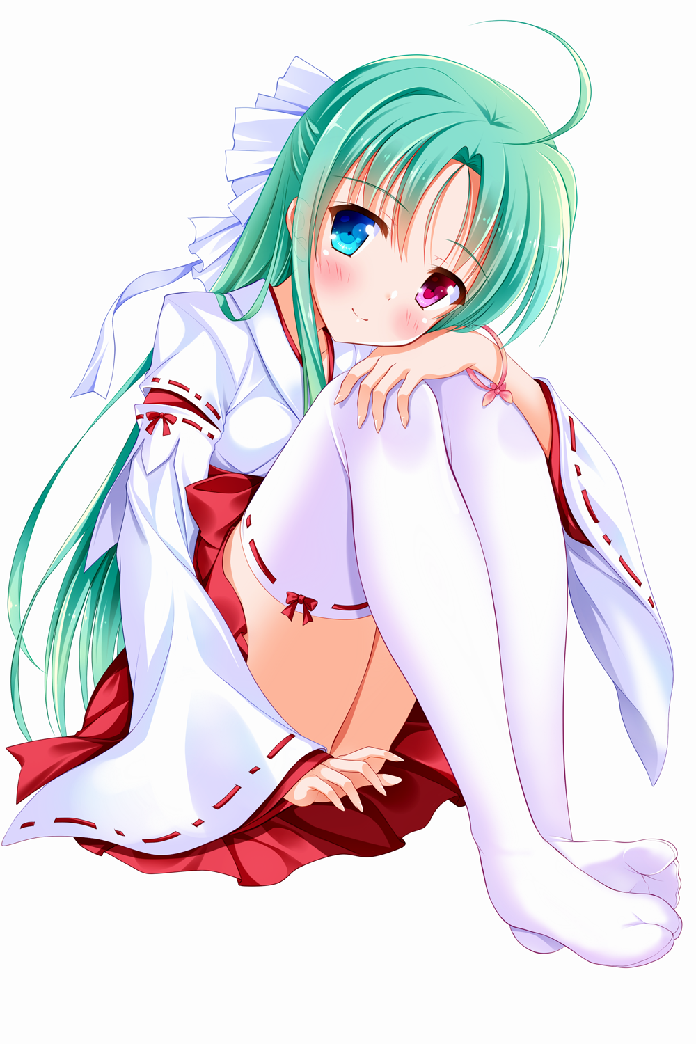 ahoge bangs bashen_chenyue blue_eyes blush closed_mouth eyebrows_visible_through_hair fingernails green_eyes hair_between_eyes hakama half_updo hand_on_own_knee head_tilt heterochromia highres japanese_clothes long_hair long_sleeves looking_at_viewer miko no_shoes original parted_bangs purple_eyes purple_footwear red_hakama ribbon-trimmed_legwear ribbon-trimmed_sleeves ribbon_trim sidelocks simple_background sitting sleeves_past_wrists smile soles solo thighhighs very_long_hair white_background white_legwear wide_sleeves